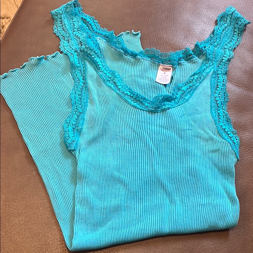 EUC Calypso Aqua Ribbed Ruffled Sleeveless Tank Top Cotton - Picture 8 of 8